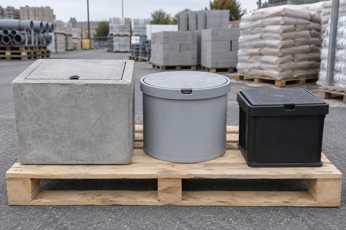 Trois regards neufs en béton, PVC et polypropylène alignés sur une palette dans la cour d’un négoce de matériaux