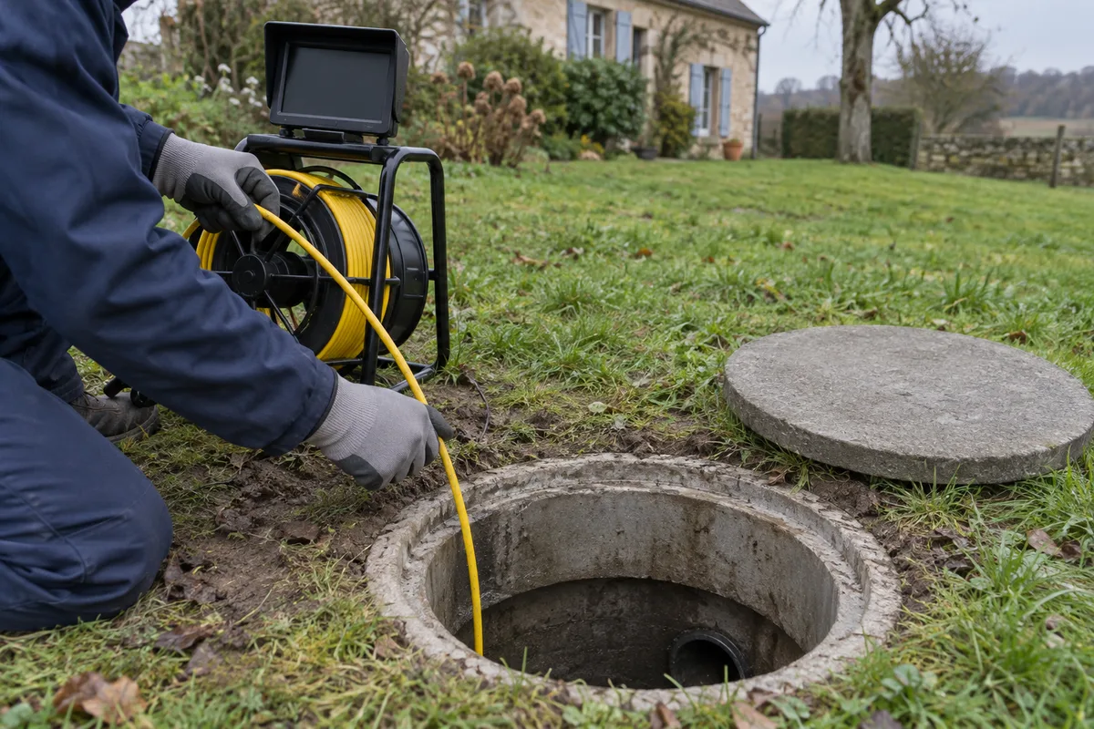 Câble d’une caméra d’inspection descendu dans un regard d’eaux usées ouvert au bord d’une pelouse