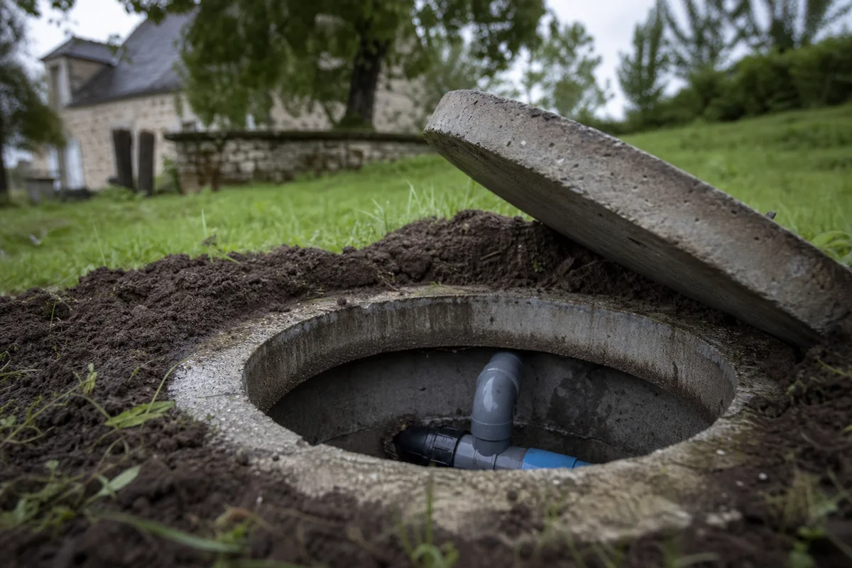 Regard de canalisation ouvert dans une pelouse devant une maison en pierre corrézienne