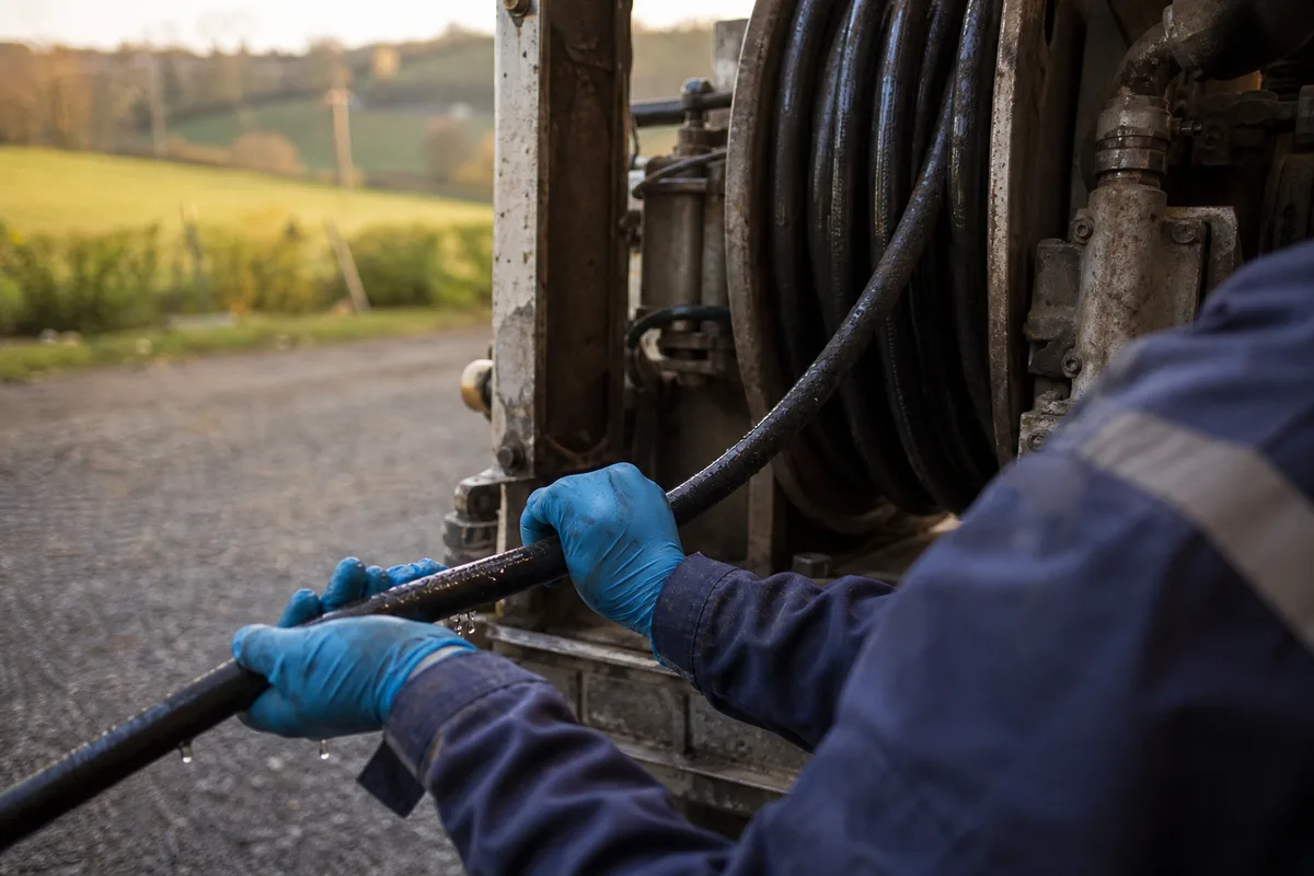 Mains gantées d&rsquo;un technicien déroulant un flexible d&rsquo;hydrocurage à l&rsquo;arrière d&rsquo;un camion en zone rurale