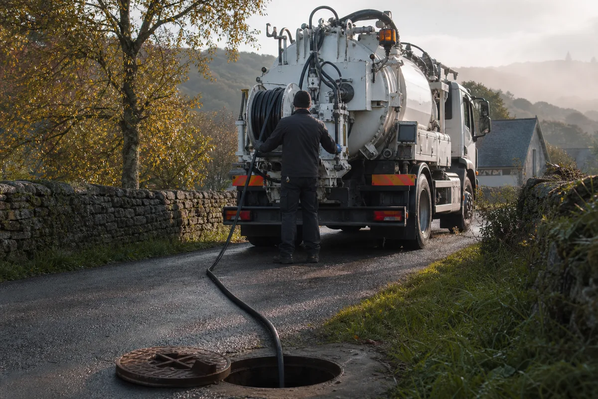 Camion hydrocureur stationné devant une maison de pierre dans un hameau corrézien, regard de canalisation ouvert au premier plan