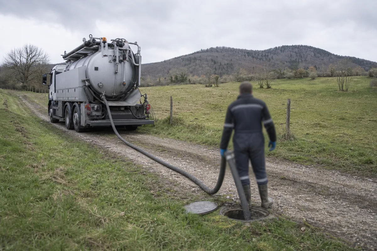 Camion hydrocureur stationné sur un chemin de campagne, tuyau déroulé vers un regard ouvert dans l&rsquo;herbe