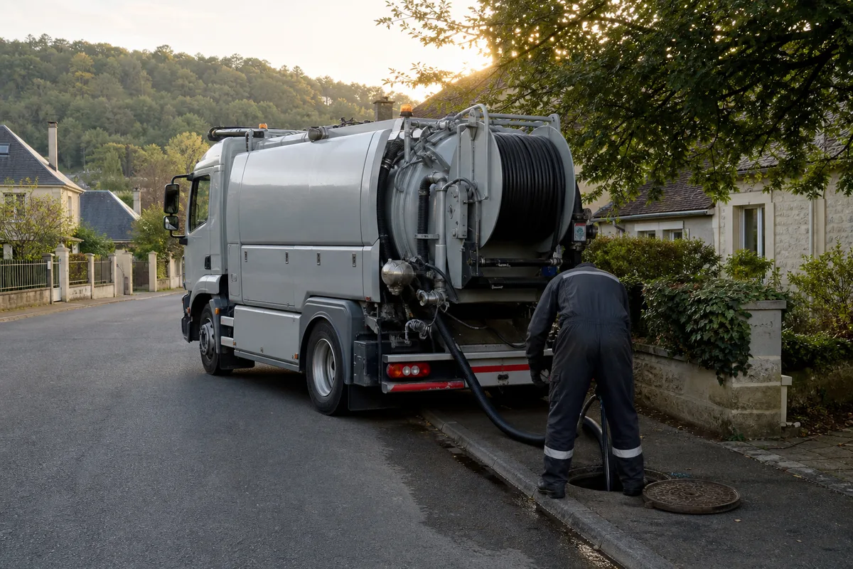 Camion hydrocureur en intervention dans une rue pavillonnaire, flexible haute pression déroulé vers un regard ouvert