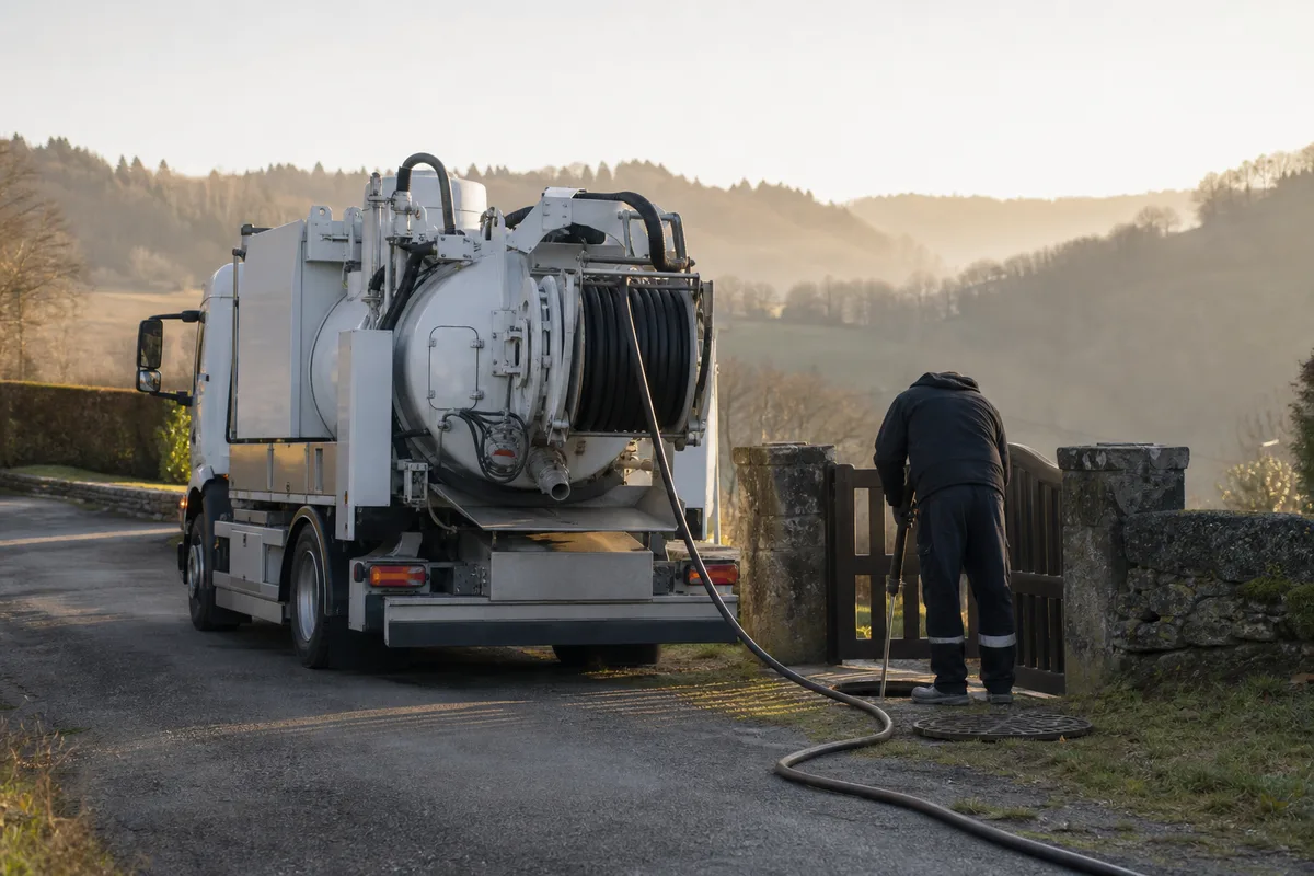 Camion hydrocureur sur une petite route de vallée corrézienne, flexible haute pression déroulé vers un regard ouvert