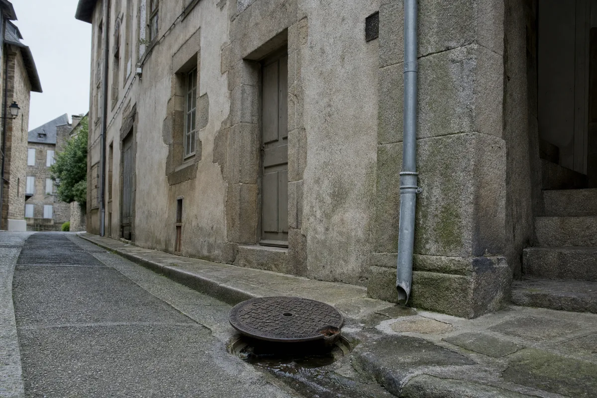 Immeuble ancien du centre de Tulle bordant une rue étroite, tampon d&rsquo;évacuation ouvert sur le trottoir