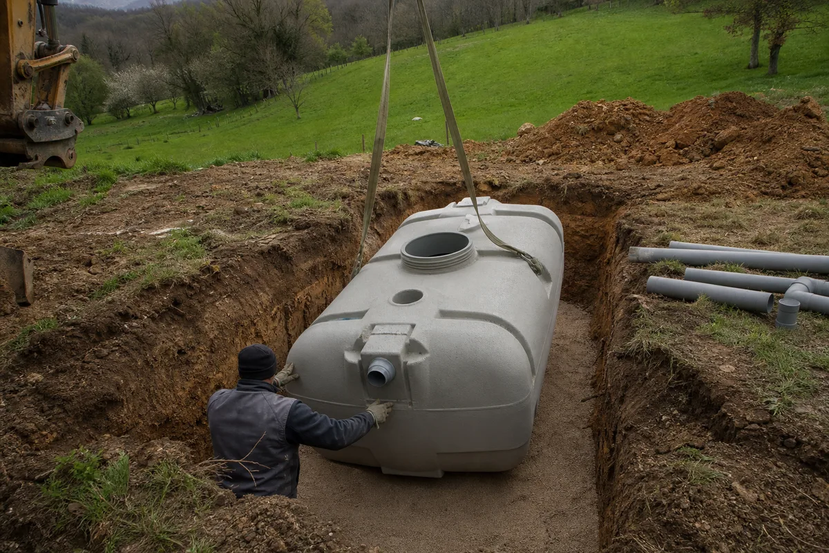 Cuve de fosse toutes eaux en béton descendue dans une fouille ouverte sur un terrain herbeux en pente