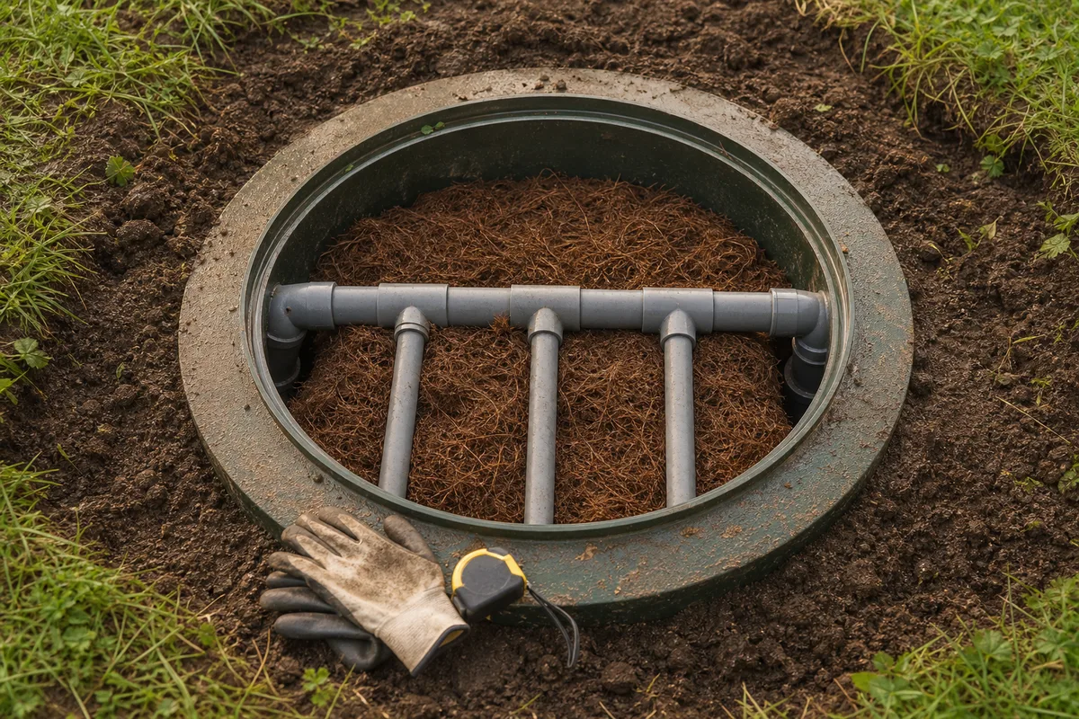 Massif filtrant compact en fibre de coco ouvert pour contrôle avant remblaiement, fouille et terre fraîche