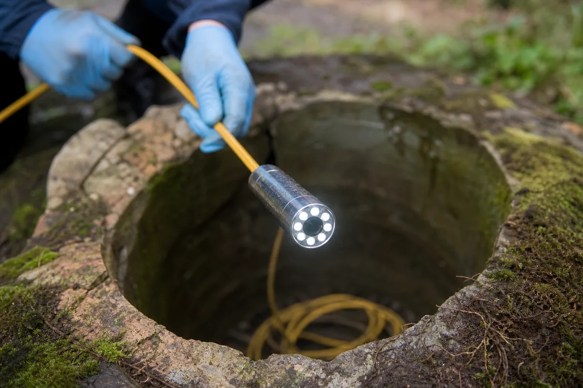 Tête de caméra d&rsquo;inspection descendue dans un regard de canalisation en pierre, jardin corrézien