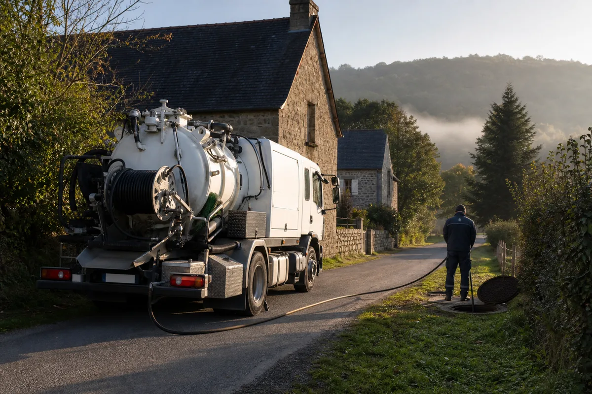Camion hydrocureur stationné devant une maison en pierre au bord d&rsquo;une route de vallée verte corrézienne, lumière de fin de journée