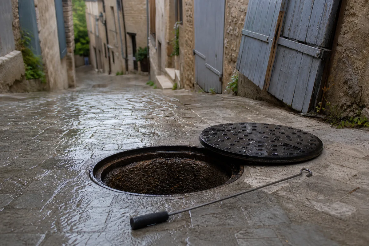 Ruelle en pente du centre ancien de Tulle avec un regard de canalisation ouvert sur le trottoir