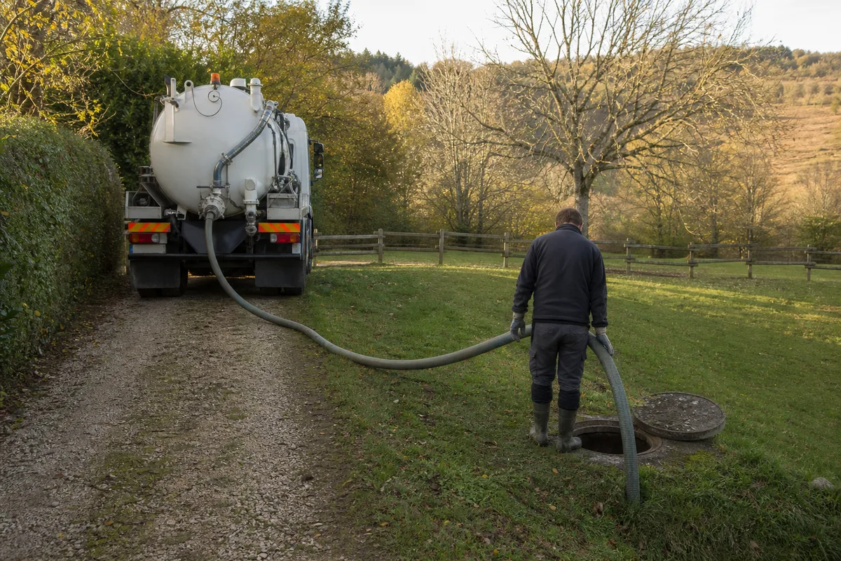 Camion hydrocureur stationné sur un chemin de campagne corrézien près d&rsquo;une fosse ouverte, lumière de fin de journée