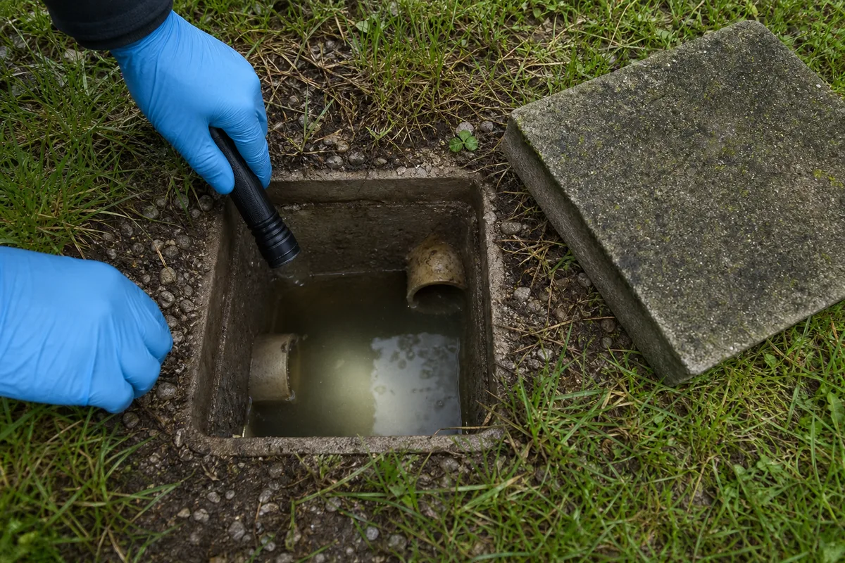 Regard de canalisation ouvert dans un jardin corrézien, eaux usées stagnantes visibles