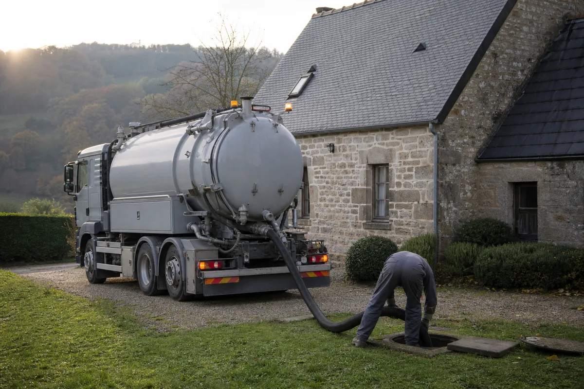 Camion hydrocureur stationné devant une maison de campagne corrézienne, tuyau déroulé vers un regard de fosse ouvert