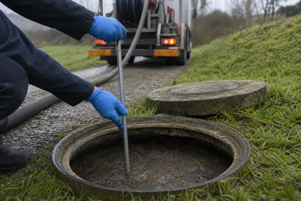 Camion hydrocureur intervenant sur une fosse septique dans une propriété rurale de Corrèze